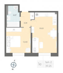 ЖК «Цивилизация на Неве», планировка 1-комнатной квартиры, 39.25 м²