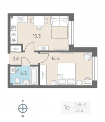 ЖК «ЛСР. Измайловский», планировка 1-комнатной квартиры, 37.60 м²