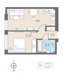 ЖК «ЛСР. Измайловский», планировка 1-комнатной квартиры, 41.00 м²