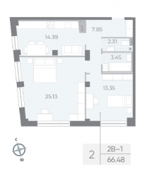ЖК «Neva Residence», планировка 2-комнатной квартиры, 66.80 м²