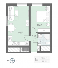 ЖК «Морская миля», планировка 1-комнатной квартиры, 37.62 м²