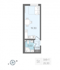 ЖК «Октябрьская набережная», планировка студии, 25.30 м²