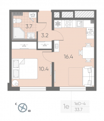 МЖК «Пулково Lake», планировка 1-комнатной квартиры, 33.70 м²