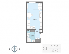 ЖК «Морская миля», планировка студии, 25.60 м²
