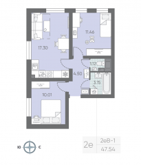 ЖК «Морская миля», планировка 2-комнатной квартиры, 48.04 м²