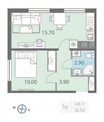 ЖК «ЛСР. Ржевский парк», планировка 1-комнатной квартиры, 32.50 м²