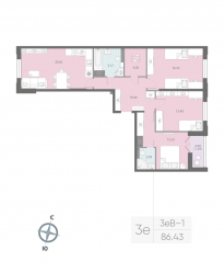 ЖК «Цивилизация на Неве», планировка 3-комнатной квартиры, 86.43 м²