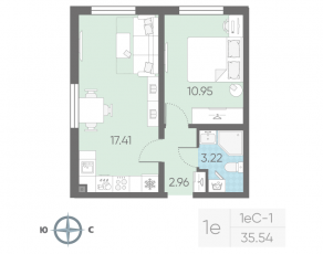 ЖК «Морская миля», планировка 1-комнатной квартиры, 34.54 м²