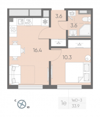 МЖК «Пулково Lake», планировка 1-комнатной квартиры, 33.90 м²
