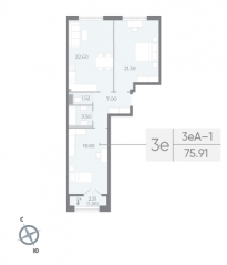 ЖК «Neva Residence», планировка 2-комнатной квартиры, 76.30 м²