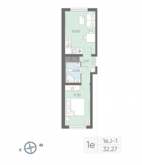 ЖК «Ручьи», планировка 1-комнатной квартиры, 32.10 м²