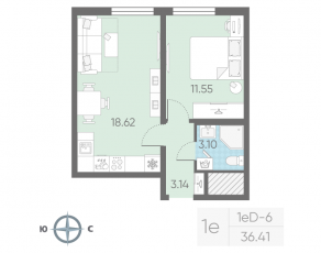 ЖК «Морская миля», планировка 1-комнатной квартиры, 36.41 м²