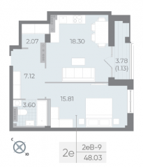 ЖК «Neva Residence», планировка 1-комнатной квартиры, 48.60 м²