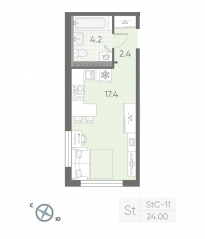 МЖК «Пулково Lake», планировка студии, 24.00 м²