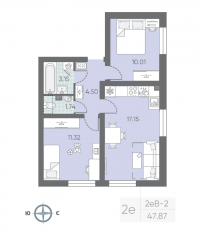 ЖК «Морская миля», планировка 2-комнатной квартиры, 48.49 м²