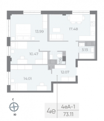 ЖК «Neva Residence», планировка 3-комнатной квартиры, 74.80 м²