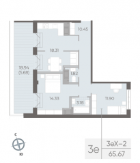 ЖК «Neva Residence», планировка 2-комнатной квартиры, 65.90 м²