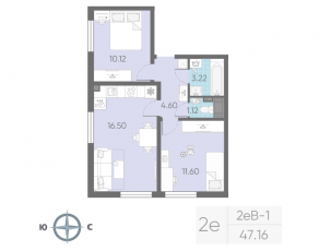 ЖК «Морская миля», планировка 2-комнатной квартиры, 47.16 м²