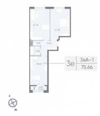 ЖК «Neva Residence», планировка 2-комнатной квартиры, 76.50 м²