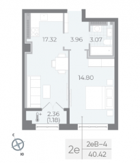 ЖК «Neva Residence», планировка 1-комнатной квартиры, 40.60 м²