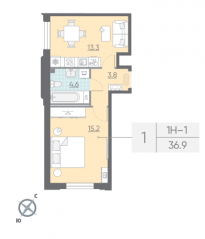 ЖК «Цивилизация на Неве», планировка 1-комнатной квартиры, 35.20 м²