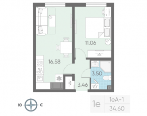 ЖК «Морская миля», планировка 1-комнатной квартиры, 34.60 м²