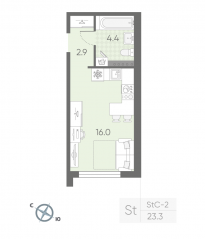 МЖК «Пулково Lake», планировка студии, 23.30 м²