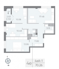 ЖК «Neva Residence», планировка 3-комнатной квартиры, 72.00 м²