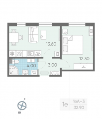 ЖК «ЛСР. Ржевский парк», планировка 1-комнатной квартиры, 32.90 м²