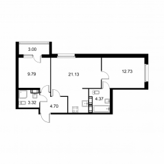 ЖК «Квартал Заречье», планировка 2-комнатной квартиры, 57.54 м²