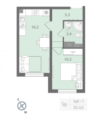 ЖК «Ручьи», планировка 1-комнатной квартиры, 35.40 м²