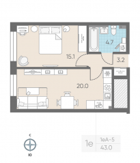 ЖК «ЛСР. Измайловский», планировка 1-комнатной квартиры, 43.00 м²