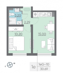ЖК «Ручьи», планировка 1-комнатной квартиры, 30.40 м²
