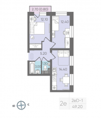 ЖК «ЛСР. Ржевский парк», планировка 2-комнатной квартиры, 49.20 м²