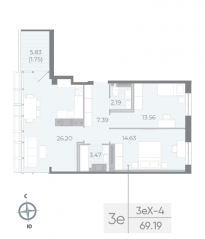 ЖК «Neva Residence», планировка 2-комнатной квартиры, 72.10 м²