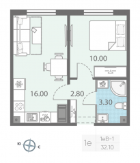 ЖК «ЛСР. Ржевский парк», планировка 1-комнатной квартиры, 32.10 м²