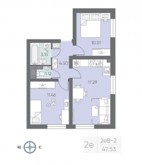 ЖК «Морская миля», планировка 2-комнатной квартиры, 48.03 м²