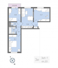 ЖК «Ручьи», планировка 3-комнатной квартиры, 64.20 м²