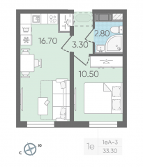 ЖК «Октябрьская набережная», планировка 1-комнатной квартиры, 33.30 м²