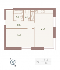 ЖК «Neva Haus», планировка 1-комнатной квартиры, 51.60 м²