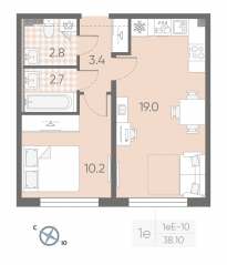 МЖК «Пулково Lake», планировка 1-комнатной квартиры, 38.10 м²