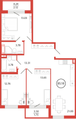 ЖК «Энфилд», планировка 3-комнатной квартиры, 85.18 м²