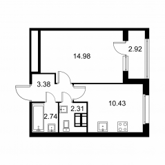 ЖК «Квартал Заречье», планировка 1-комнатной квартиры, 35.30 м²