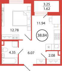 ЖК «Энфилд», планировка 1-комнатной квартиры, 38.84 м²