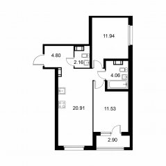 ЖК «Квартал Заречье», планировка 2-комнатной квартиры, 56.85 м²