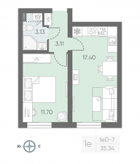 ЖК «Морская миля», планировка 1-комнатной квартиры, 35.45 м²