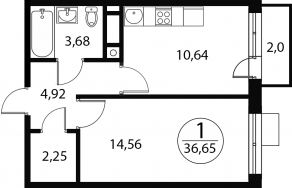 ЖК «Катуар», планировка 1-комнатной квартиры, 36.65 м²