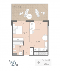 МЖК «Пулково Lake», планировка 1-комнатной квартиры, 40.60 м²