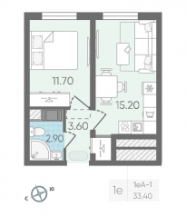 ЖК «Октябрьская набережная», планировка 1-комнатной квартиры, 33.40 м²