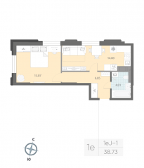 ЖК «Цивилизация на Неве», планировка 1-комнатной квартиры, 38.73 м²